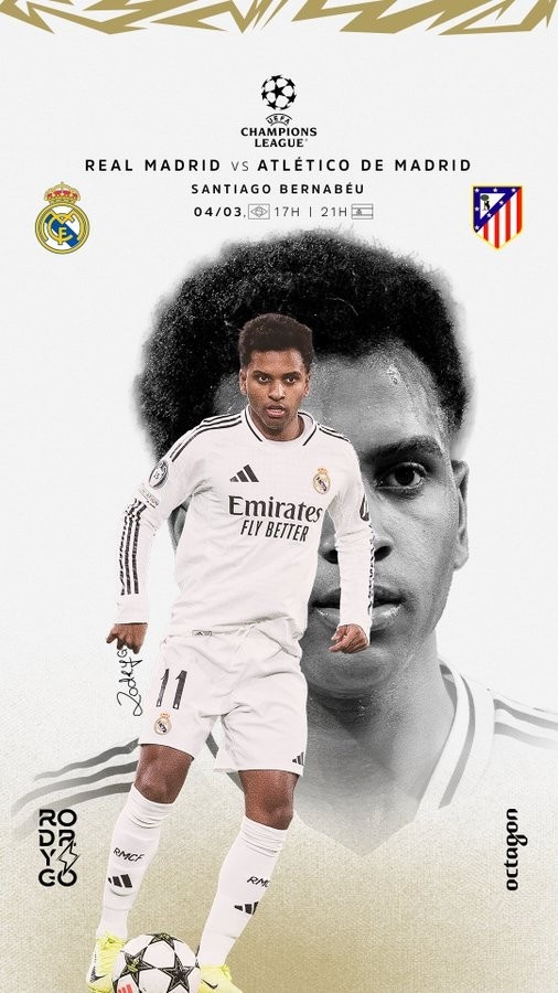 歐冠馬德里德比！羅德里戈曬個(gè)人海報(bào)：伯納烏見，HALA MADRID