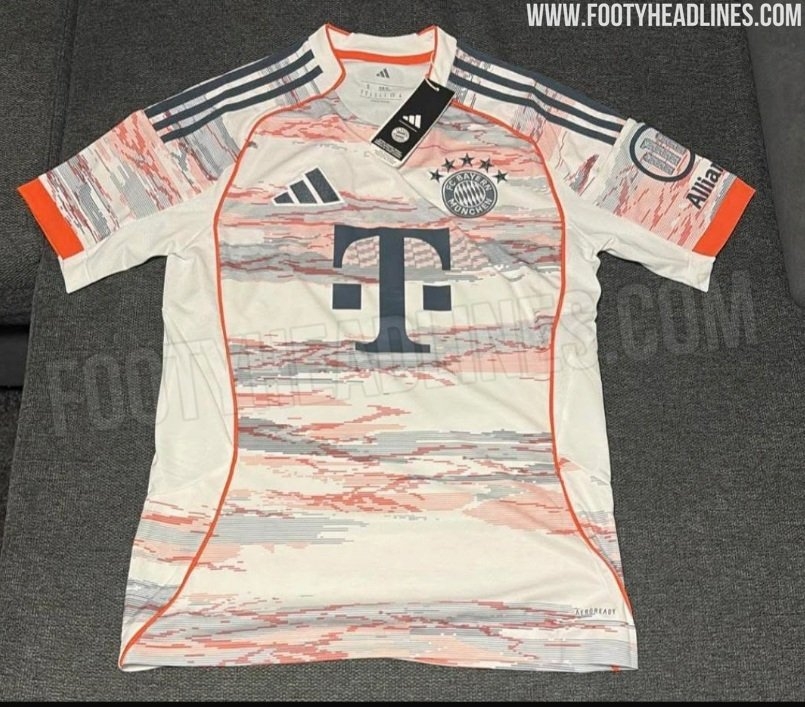 拜仁25-26賽季客場(chǎng)球衣曝光，白色搭配紅色灰色抽象圖案