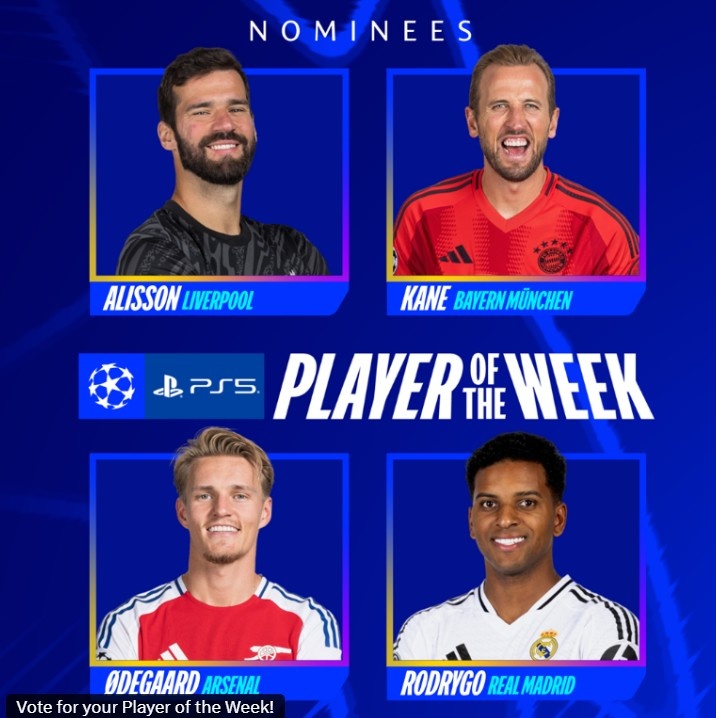 歐冠官方本輪最佳球員候選：阿利森、凱恩、羅德里戈、厄德高