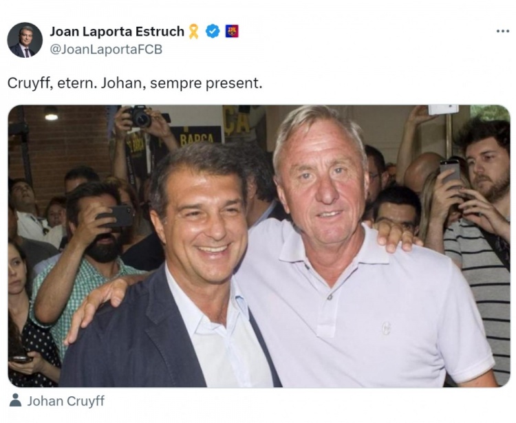 克魯伊夫逝世九周年，拉波爾塔社媒曬合照悼念：永恒不朽